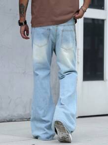 Manfinity Roghcode Men's Straight Leg Distressed Retro Flare Jeans, Emo Style - Light Wash - View 2