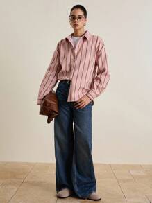 INAWLY Women's Casual Everyday Striped Front Button Down Oversized Shirt Fall Cloth For Women - Pink - View 6