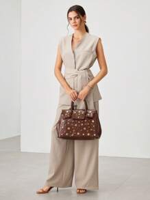 SHECARRY 女士手提包，手提包，时尚，优雅，简约，个性，百搭，经典，金银铆钉，适合通勤、办公、约会、日常、购物、下午茶 - 棕色 - 查看 10