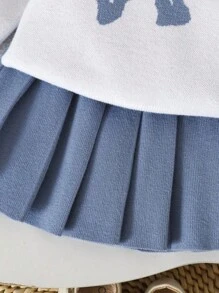 SHEIN Crew Neck Langarm Set Kleid, Schleifen Dekor gestreifte Manschette, lebendiger Rock Stil