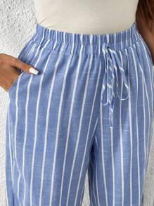 EMERY ROSE 大码女高腰松紧腰系带斜口袋条纹宽松阔腿裤休闲长裤 - 藍白色 - 查看 7