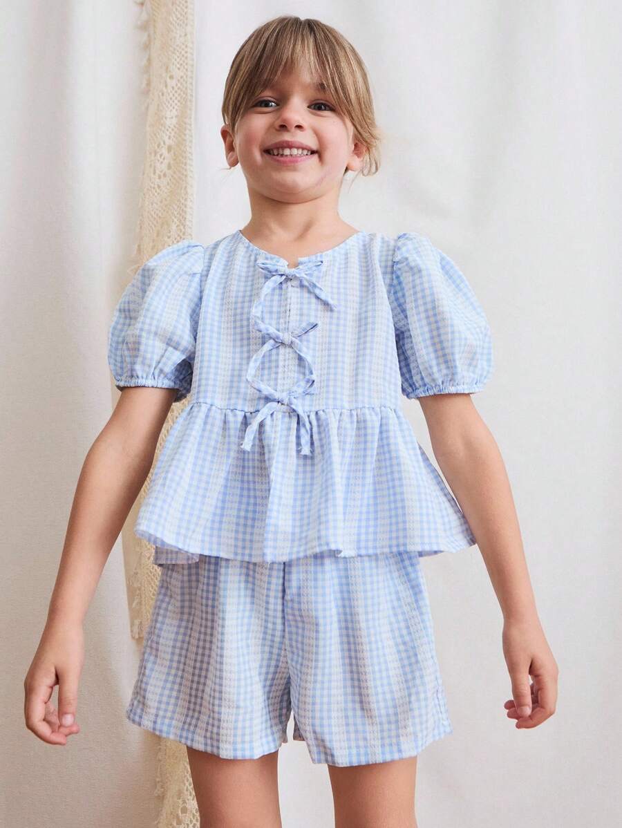 SHEIN 2pcs/Set Young Girls Casual Summer Short Sleeve Top And Shorts Set - Multicolor - View 1