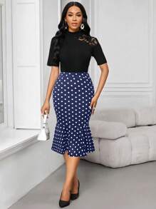 SHEIN Lady Falda de mujer con estampado de lunares negros, elegante para fiestas casuales de todos los días, uso en cuatro estaciones, falda de oficina - Azul Marino - Ver 6