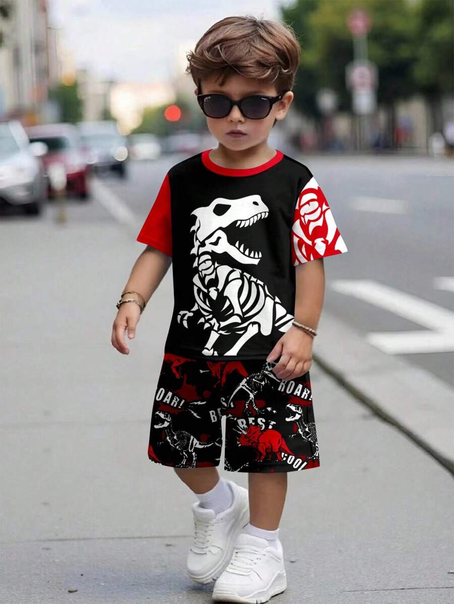 SHEIN DINO, DINOSAURS, Kids' Choice Collection, Everyday Basic, Happy Kids, Pastel Colors For Kids, Bikercore, Family Trip, Happy Days, I Love Mommy, I Love Daddy, Lovely Home, Cool Kids, Young Boy Casual Minimalist Round Neck Short Sleeve Shorts 2 Pieces Set, Suitable For Summer - Multicolor - View 1