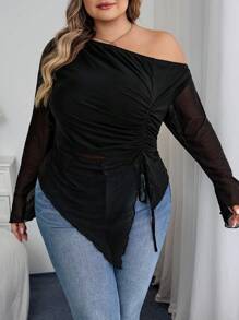 SHEIN CURVE+ Áo nữ cỡ lớn, vải lưới, dành cho quý cô mùa hè, tiệc tùng ngày lễ, thanh lịch, sinh nhật, mùa thu - màu đen - Xem 4