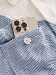 HIMLAND Áo khoác nhung kẻ cổ điển màu trắng xanh họa tiết chắp vá bất đối xứng dáng rộng rãi cho nam, tay dài, dáng rộng, thường ngày, dành cho mùa thu đông - Xanh và trắng - Xem 5