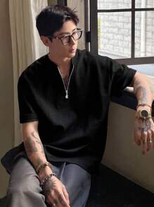 DAZY 男士纯色 1/3 拉链领灰色纹理面料 T 恤，夏季 - 黑色 - 查看 5