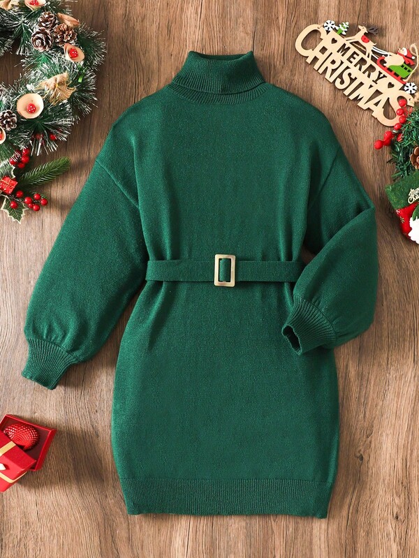 Vestido de malha de manga comprida com gola falsa e cinto, cor sólida, casual e elegante, para mulheres elegantes, festa de Natal, adequado para outono e inverno