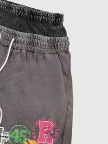 ROMWE MEN Street Life Quần short lưng rút in chữ thường ngày cho nam, mùa hè - Xám - Xem 3