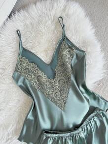 夏季优雅纯色吊带背心和短裤睡衣套装缎面睡衣套装鼠尾草绿色睡衣套装两件套缎面睡衣套装女士缎面睡衣缎面睡衣套装两件套缎面睡衣套装女士缎面睡衣短裤套装 - 綠色 - 查看 2