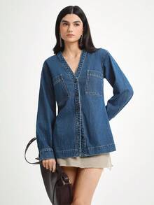 Daynim 女式休闲长袖开襟牛仔夹克 - 中等水洗藍 - 查看 4