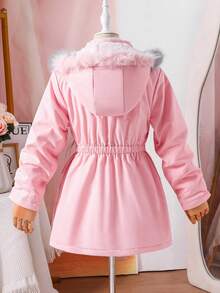 SHEIN Cappotto imbottito lungo e caldo per ragazze pre-adolescenti, casual e versatile per la scuola e l'uso quotidiano, con tasche, coulisse in vita, in colore sfumato rosa e contrasto fuzzy, adatto per l'autunno e l'inverno - Rosa - Visualizzare 2