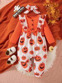 SHEIN 1件装女婴万圣节服装，罗纹面料荷叶边蝴蝶结南瓜印花连体衣，配发带，可爱连体衣，适合秋/春季穿着，万圣节南瓜宝宝套装，适合万圣节派对秋冬季