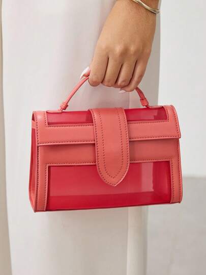 SHECARRY 优雅的桃粉色网眼和 PU 皮革拼布手提包顶部提手包 - 春夏多功能可转换钱包，适合日常通勤和约会之夜，红色