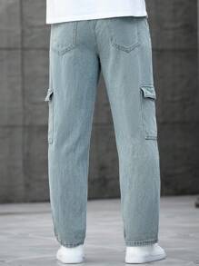 Manfinity Homme 宽松版型男式棉质工装牛仔裤，带翻盖口袋 - 藍色 - 查看 2