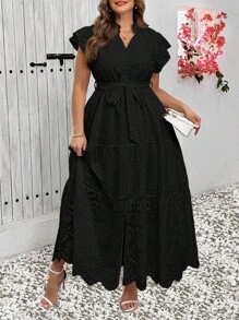 SHEIN Clasi Váy thêu rỗng màu trơn cỡ lớn thường ngày - màu đen - Xem 7