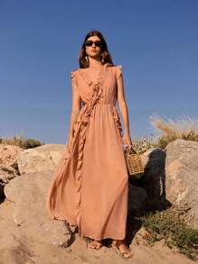 Maija 女士纯色V领荷叶边下摆连衣裙，优雅 - 卡其色 - 查看 4