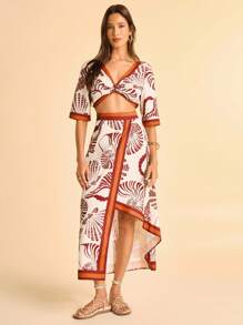 CAJUNI Women's White Summer Boho Vacation Holiday Red-Brown & Orange Shell & Snail Ocean Print Straight Skirt,Asymmetrical Hem,Beach Date Party Beachwear - Multicolor - View 6