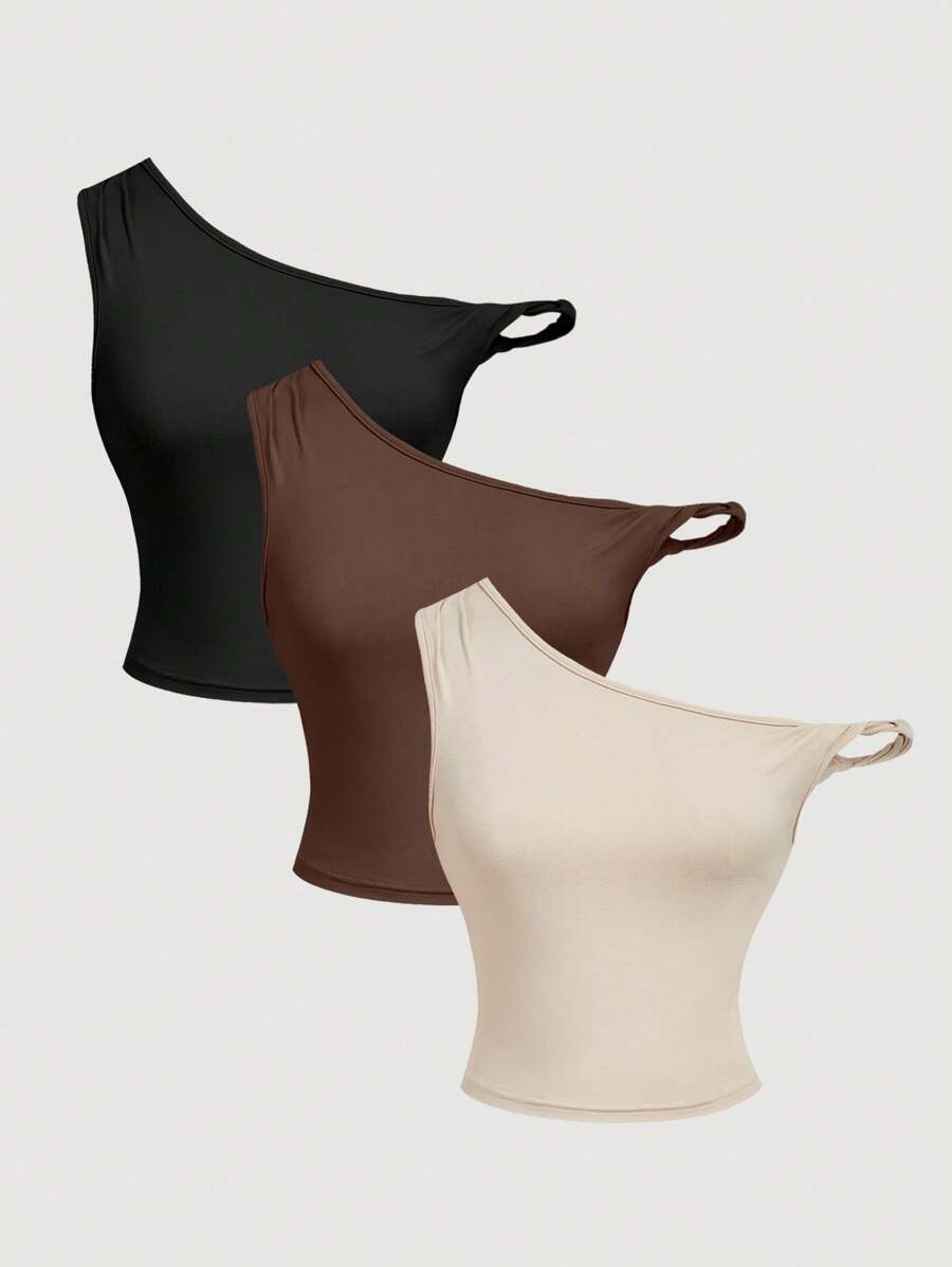 SHEIN MOD 3件套女士休闲不对称肩上衣 - 彩色 - 查看 1