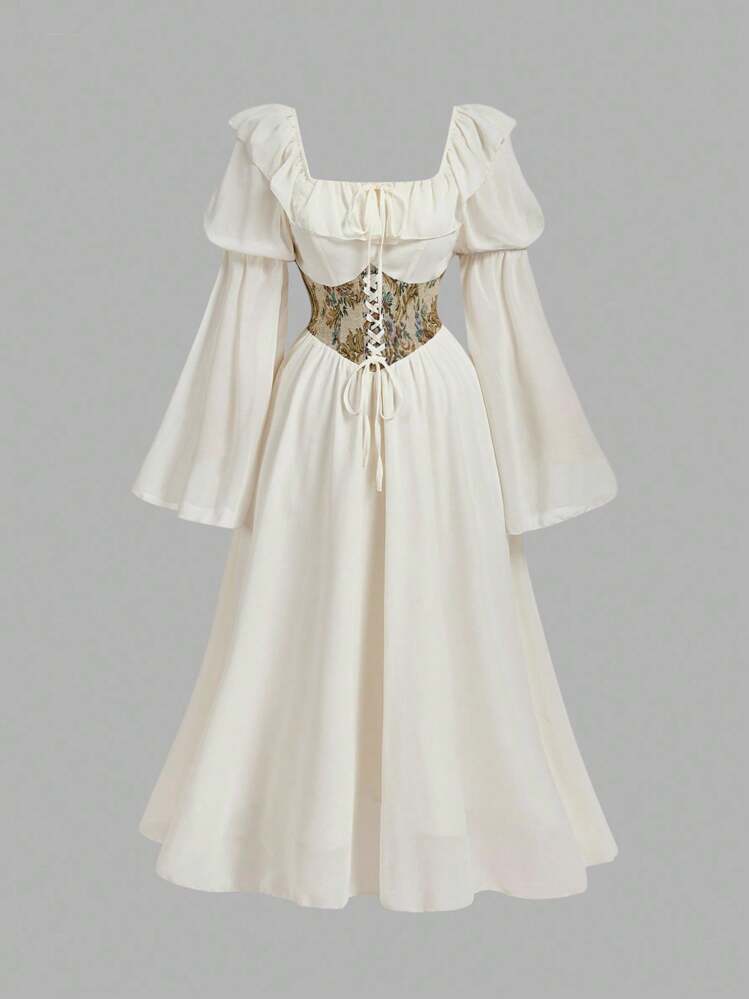 SHEIN MOD Plus Size Apricot Patchwork Lace-Up Square Neck Elegant Long Sleeve Dress,Fall Women Dresses,Fall Dresses,Long Sleeve Dress,Renaissance Dress,,Wedding Guest Dress Women