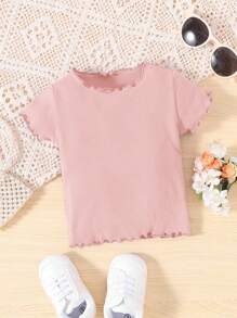女婴纯色罗纹荷叶边短袖上衣