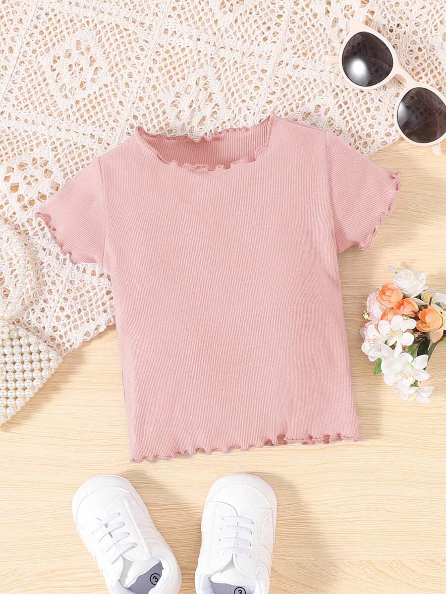 女婴纯色罗纹荷叶边短袖上衣