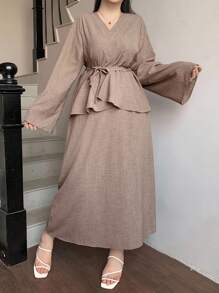 Dazy Plus Bộ 2 chiếc áo buộc dây eo và chân váy đuôi cá cỡ lớn dành cho nữ, phù hợp cho mùa xuân, hè, thu - Màu Khaki - Xem 3