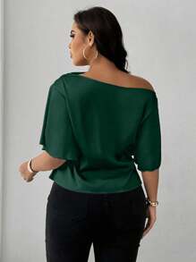 Maweii Camisa verde elegante, casual y cómoda para mujer de talla grande con hombro asimétrico, volantes y manga corta, adecuada para primavera, verano y otoño - Verde - Ver 2
