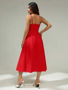 SHEIN PETITE Women's Solid Color Waist Cinched Elegant Spaghetti Strap Dress Red Midi Dress,Elegant Dresses For Women,Party Dresses For Women ,Petite Women - Red - View 3