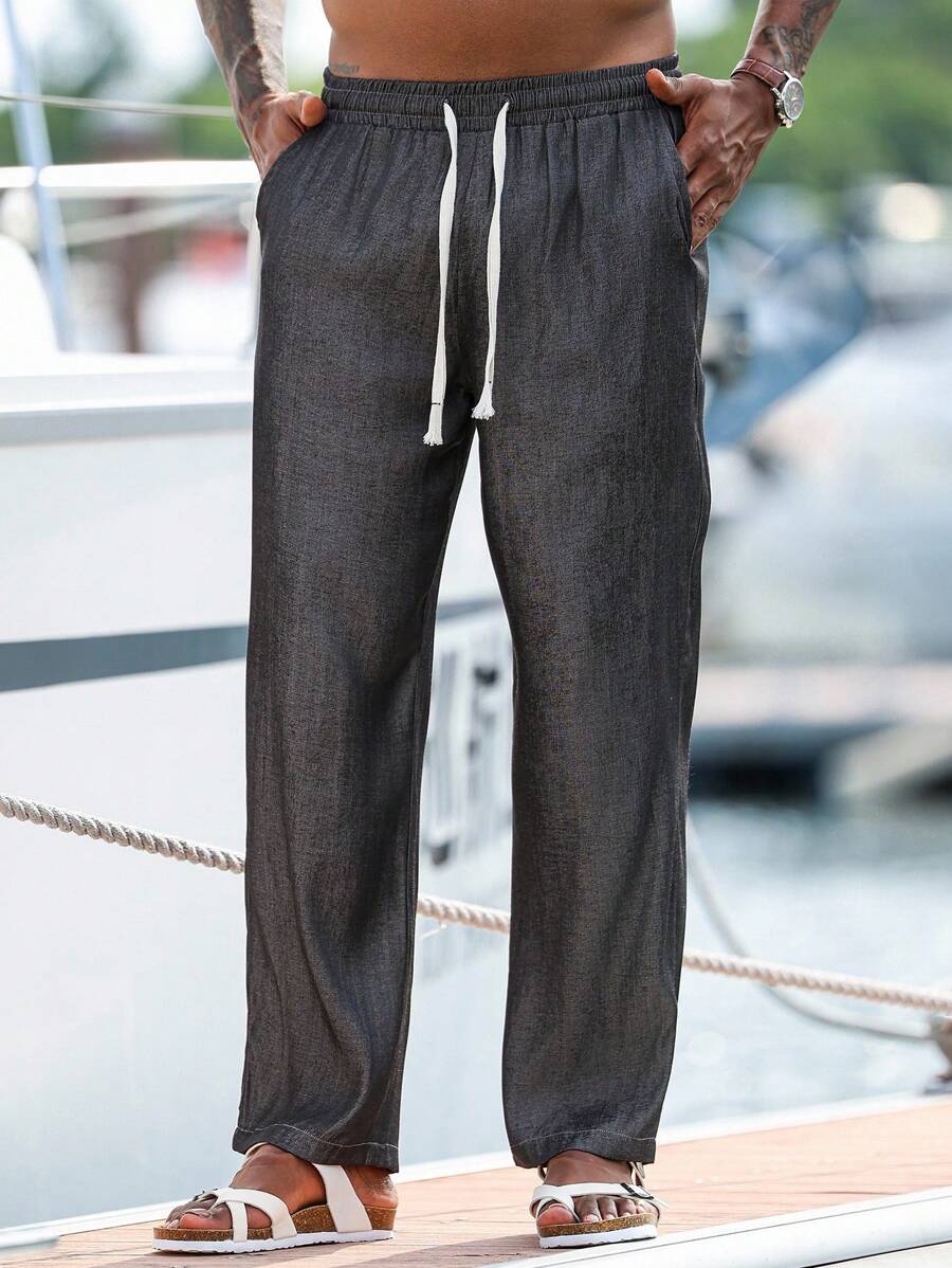 Manfinity Homme 男士牛仔效果抽绳腰口袋宽松休闲裤男抽绳裤男宽松裤男夏季度假沙滩裤 - 黑色 - 查看 1