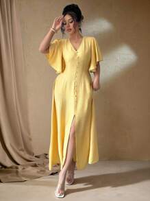 Roveilla 大码女式法式优雅休闲度假下午茶波西米亚风 V 领纽扣装饰 A 字开衩泡泡袖长裙，春夏