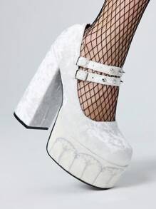 ROMWE Goth Women's Spring/Autumn New Rivet Design Embroidery Pattern High Heel Platform Pumps - Beige - View 3