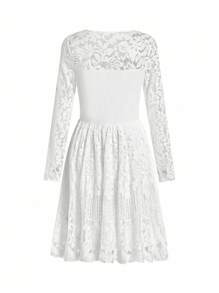 Ellevyn Đầm ngắn màu trắng thanh lịch cổ tròn phối ren mỏng ôm sát eo dành cho nữ, thích hợp mặc hàng ngày - trắng - Xem 4