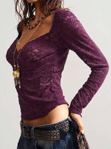 Bohemela 休闲针织蕾丝鸡心领长袖修身女上衣 - 紫色 - 查看 6