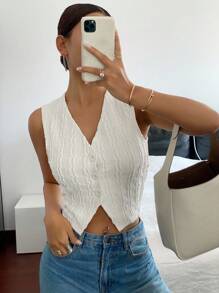 Siren Gaze 女士纯色荷叶边扭纹单排V领休闲背心，开襟纽扣无袖纹理横条纹优雅上衣，收腰修身款，通勤简约办公室复古风，简约女式上衣，适合春、夏、秋季穿着。 - 杏色 - 查看 5