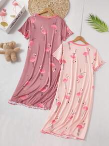 2pcs Teen Girls Flamingo Printed Comfortable Casual Nightgown, Minimalist Design For Easy Matching, Stretchy Knit Fabric, Machine Washable - Multicolor - View 2