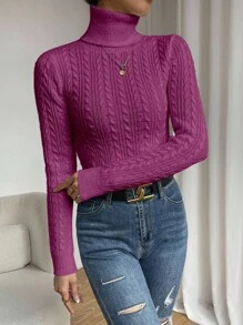 SHEIN 休闲纯色高领修身毛衣，秋冬针织套头衫 - 中紫紅色 - 查看 6