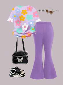 SHEIN Bộ 2 món/Bộ đồ liền thân cổ tròn tay ngắn họa tiết hoạt hình thường ngày cho bé gái, phù hợp cho mùa hè - Nhiều màu - Xem 2