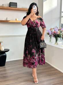 Modelyn Plus Size Women's Floral Print Chiffon Off-Shoulder Belted Maxi Dress - Black - View 5