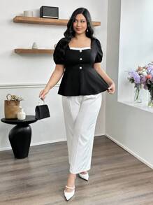 Modelyn Blusa de mujer talla grande con cuello cuadrado, cintura ceñida y mangas abullonadas con abertura