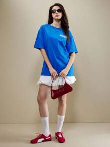 SHEIN Unity 女式图案T恤，纯色圆领短袖T恤，女士时尚夏季服装 - 藍色 - 查看 8
