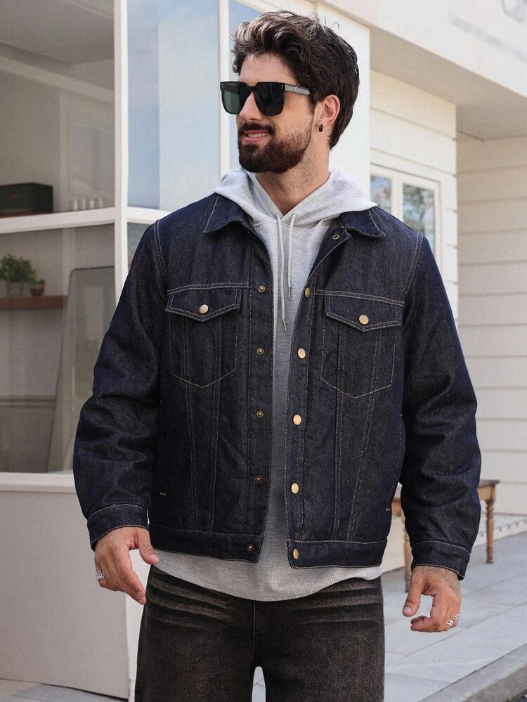 Thick Denim Fabric Winter Insulated Navy Blue Men's Padded Coat Jacket