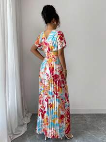 Rafferiza Pleated Slit Floral Print V-Neck Casual Vacation Bohemian Style Dress For Women Summer Dress