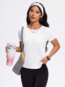 SHEIN Sports Áo thun thể thao tay ngắn hở lưng màu trơn tối giản - trắng - Xem 3