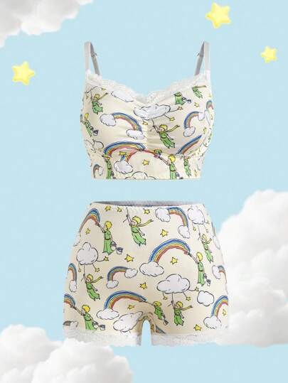 LE PETIT PRINCE X SHEIN Plus Size Rainbow Pattern Contrast Lace Bra & Boxer Briefs Lingerie Set,Removable Soft Cup , Kawaii,Cute,Sweet