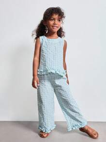 SHEIN Young Girl Plaid Print Round Neck Sleeveless Top And Pants Casual Suit - Multicolor - View 4