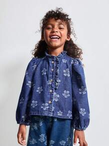 Maija Kids Maija Kids Young Girl Fashion Puff Sleeve Frill Trim Long Sleeve Casual Denim Shirt - Multicolor - View 1