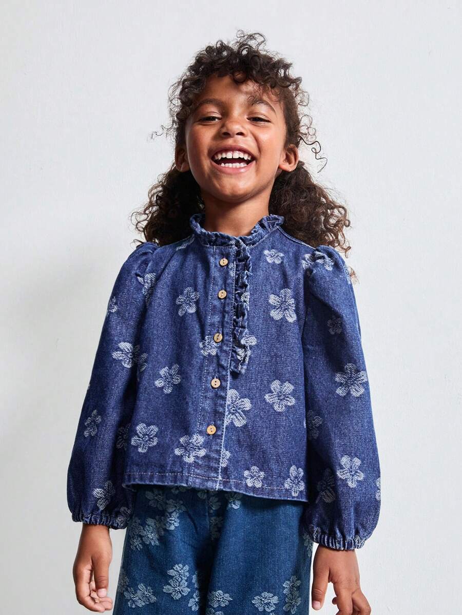 Maija Kids Maija Kids Young Girl Fashion Puff Sleeve Frill Trim Long Sleeve Casual Denim Shirt - Multicolor - View 1