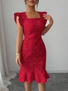 Elenzga 女士优雅提花纯色方领荷叶袖荷叶边下摆连衣裙，适合通勤和夏季穿着 - 紅色 - 查看 6