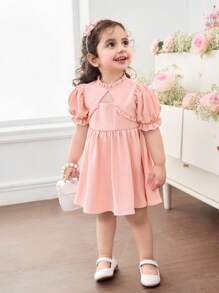Robe ajustée à manches bouffantes de couleur unie pour bébé fille - Rose bonbon - Voir 5